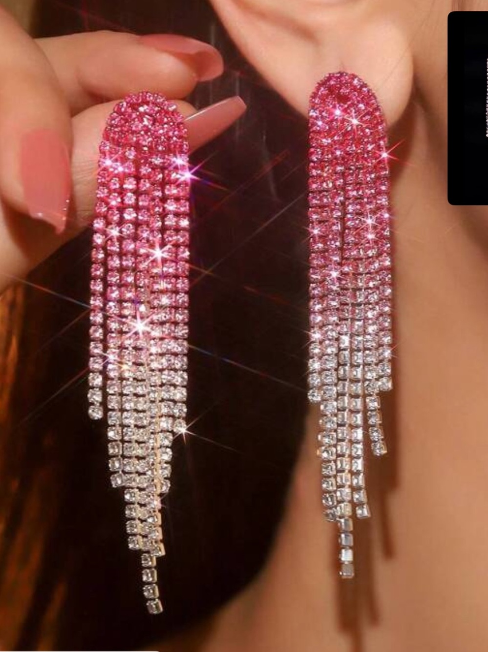 Pink to Silver Ombre Crystal Fringe Drop Earrings